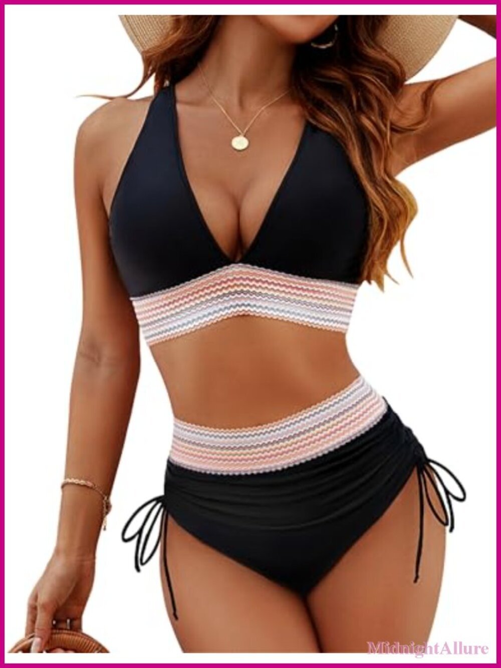 High Waisted Tummy Control Bikini Set Push Up Triangle Top Drawstring Bottom